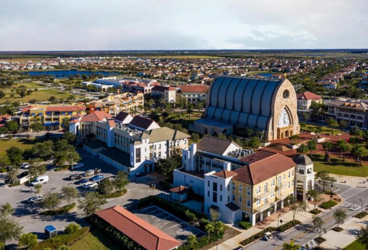 Aerial of Ave Maria Town Center and surrounding residential communities.