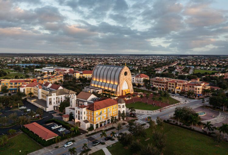 Aerial of Ave Maria Town Center near dusk, 2024.